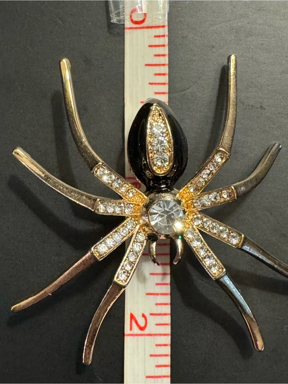 Vintage Gold Tone Black Enamel Rhinestone Spider Brooch
